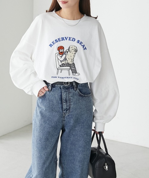 BONLECILL(ボンルシール)の「オジサン&DOGサガラ刺繍オーバーロンTEE(Tシャツ/カットソー・レディース・オートミール/ブルー/オフホワイト/ブラック・FREE)」の6枚目の写真