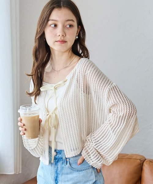 WEGO（ウィゴー）の「WEGO/メッシュリボンカーディガン（カーディガン/ボレロ・レディース・ホワイト/サックスブルー/ブラック・FREE）」の2枚目の写真