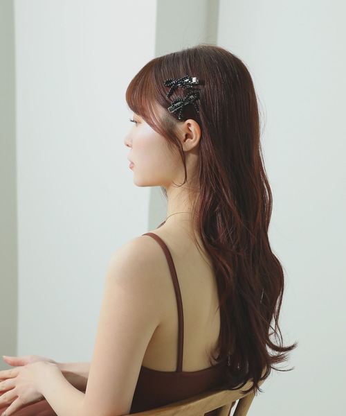 セール】2個セット パール メタル ビーズ リボン ミニ ヘアクリップ
