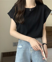 シンプル フレンチスリーブ クルーネックTシャツ