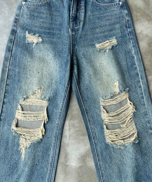 SHAGGIE（シャギー）の「オーロラストーン付きダメージ入りヴィンテージルーズデニムパンツ（デニムパンツ・レディース・グレー/ブルー/ライトブルー・XS/S/M）」の6枚目の写真