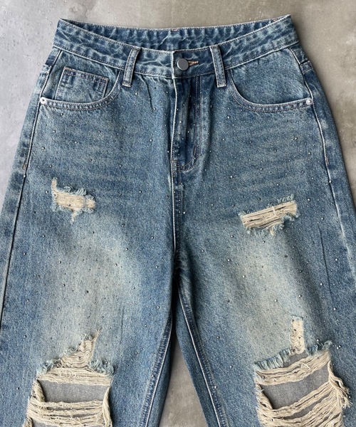 SHAGGIE（シャギー）の「オーロラストーン付きダメージ入りヴィンテージルーズデニムパンツ（デニムパンツ・レディース・グレー/ブルー/ライトブルー・XS/S/M）」の7枚目の写真