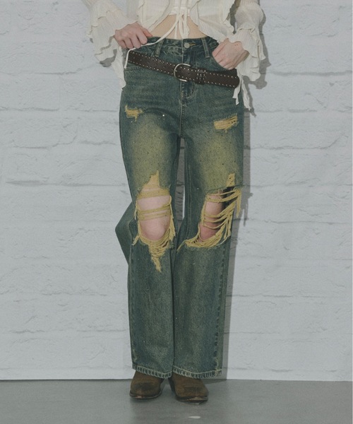 セール】オーロラストーン付きダメージ入りヴィンテージルーズデニム
