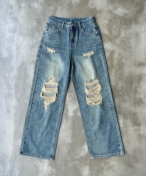 SHAGGIE（シャギー）の「オーロラストーン付きダメージ入りヴィンテージルーズデニムパンツ（デニムパンツ・レディース・グレー/ブルー/ライトブルー・XS/S/M）」の4枚目の写真