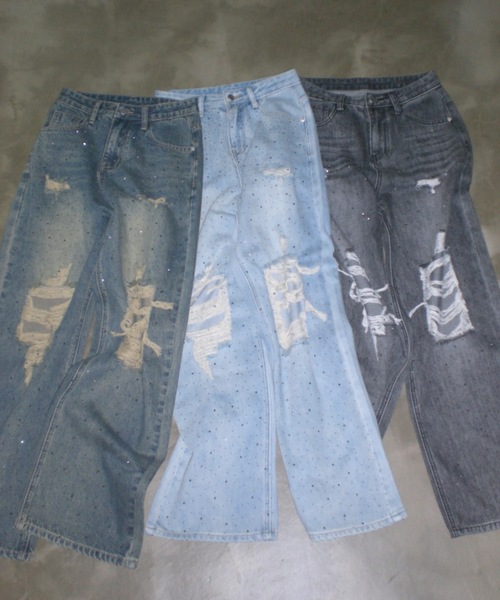 SHAGGIE（シャギー）の「オーロラストーン付きダメージ入りヴィンテージルーズデニムパンツ（デニムパンツ・レディース・グレー/ブルー/ライトブルー・XS/S/M）」の13枚目の写真