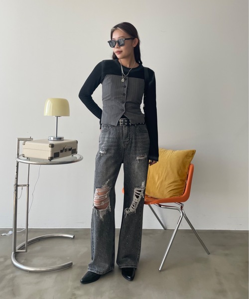 SHAGGIE（シャギー）の「オーロラストーン付きダメージ入りヴィンテージルーズデニムパンツ（デニムパンツ・レディース・グレー/ブルー/ライトブルー・XS/S/M）」の19枚目の写真