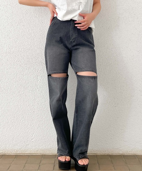 GORGE(ゴージ)の「《膝スリット×抜け感スタイル》レディース デニムパンツ ワイドシルエット ストリート 春夏秋冬(デニムパンツ・レディース・ブルー/ブラック・S/M)」の2枚目の写真