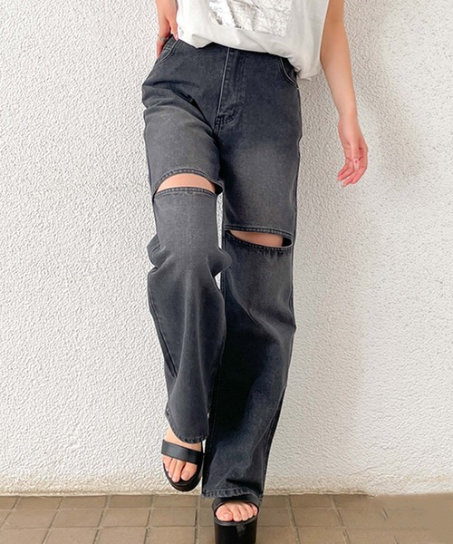 GORGE(ゴージ)の「《膝スリット×抜け感スタイル》レディース デニムパンツ ワイドシルエット ストリート 春夏秋冬(デニムパンツ・レディース・ブルー/ブラック・S/M)」の4枚目の写真