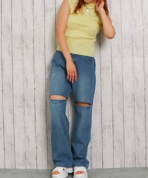 GORGE(ゴージ)の「《膝スリット×抜け感スタイル》レディース デニムパンツ ワイドシルエット ストリート 春夏秋冬(デニムパンツ・レディース・ブルー/ブラック・S/M)」の5枚目の写真