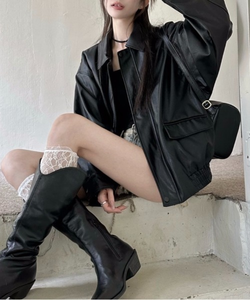 Elegante♡ブルゾン 黒 S SLY（スライ）の「FAUX LEATHER ZIP UP BZ フォー レザー ジップ