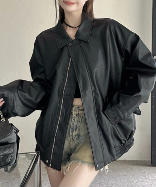 Elegante♡ブルゾン 黒 S Ada. ブルゾン アウター リブ スタンドネック オーバーサイズ フェイク