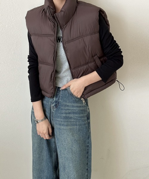 Ritzy(リッツィー)の「スタンドカラー 中綿ベスト(ダウンベスト・レディース・ベージュ/アイボリー/ブラック/サックスブルー/ピンク/ブラウン・M/L)」の4枚目の写真