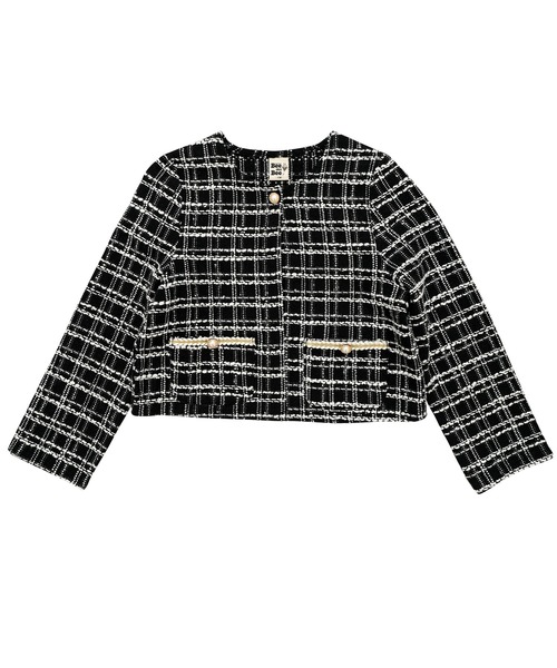 Bee des Bee(ビーデスビー)の「【セットアップ可能】ツイードノーカラージャケット(ノーカラージャケット・キッズ・ピンク/ブラック/ホワイト・130cm/120cm/110cm/100cm/150cm/140cm)」の8枚目の写真