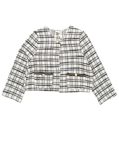 Bee des Bee(ビーデスビー)の「【セットアップ可能】ツイードノーカラージャケット(ノーカラージャケット・キッズ・ピンク/ブラック/ホワイト・130cm/120cm/110cm/100cm/150cm/140cm)」の4枚目の写真