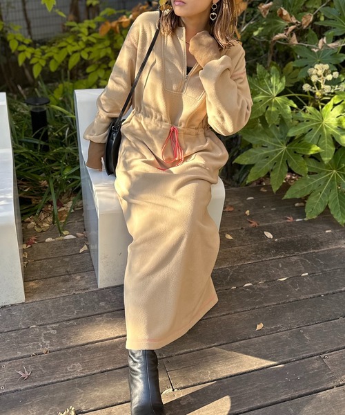 配色フリースボア ハーフZIPロングワンピース（ワンピース）｜mi via