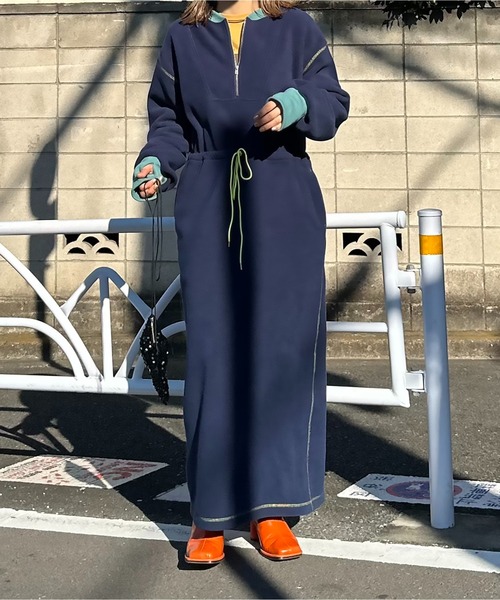 配色フリースボア ハーフZIPロングワンピース（ワンピース）｜mi via