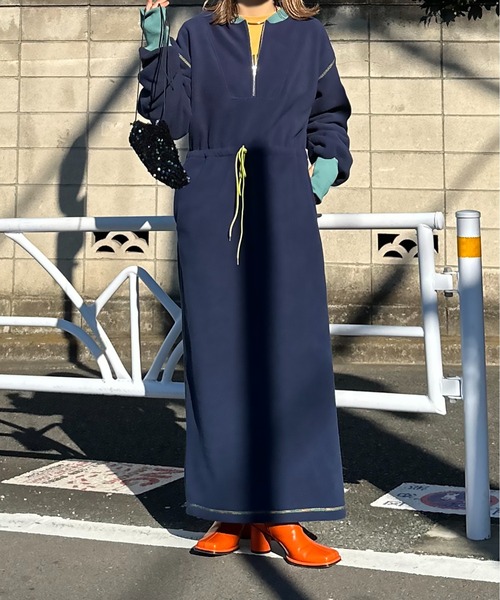 配色フリースボア ハーフZIPロングワンピース（ワンピース）｜mi via