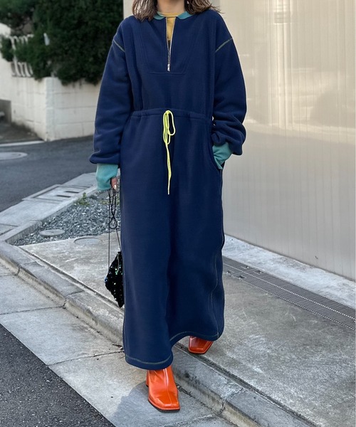 配色フリースボア ハーフZIPロングワンピース（ワンピース）｜mi via