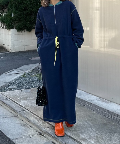 配色フリースボア ハーフZIPロングワンピース（ワンピース）｜mi via