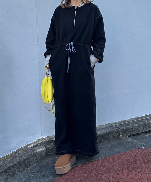 配色フリースボア ハーフZIPロングワンピース（ワンピース）｜mi via