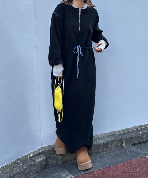 配色フリースボア ハーフZIPロングワンピース（ワンピース）｜mi via