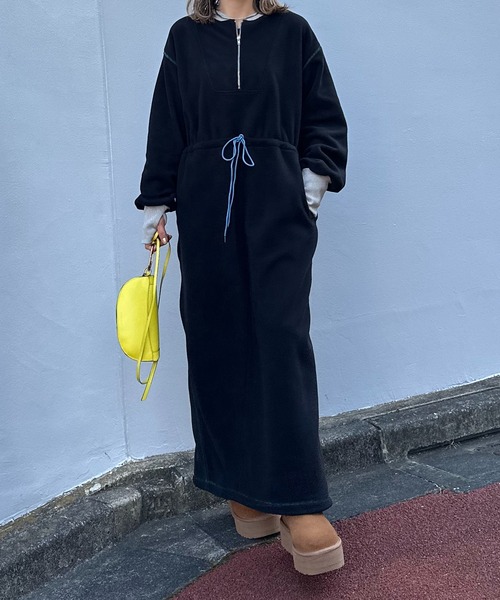 配色フリースボア ハーフZIPロングワンピース（ワンピース）｜mi via