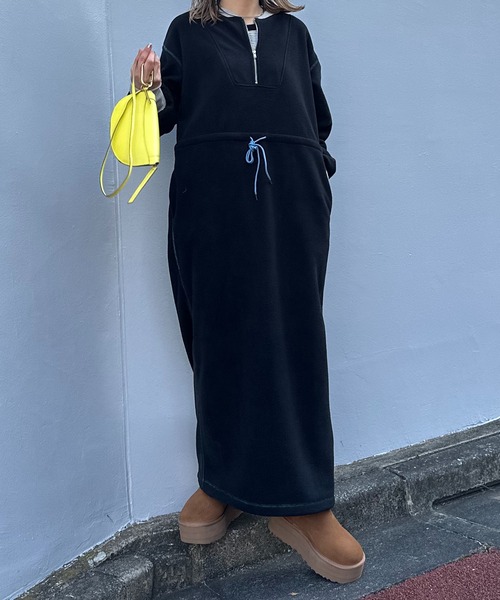 配色フリースボア ハーフZIPロングワンピース（ワンピース）｜mi via