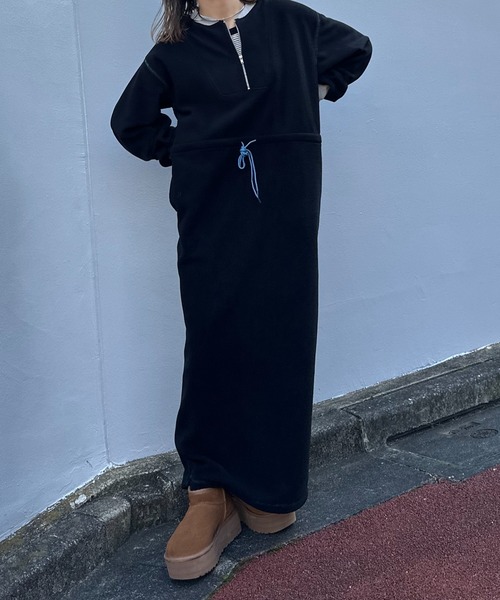 配色フリースボア ハーフZIPロングワンピース（ワンピース）｜mi via