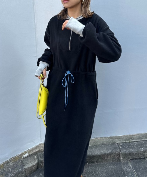 配色フリースボア ハーフZIPロングワンピース（ワンピース）｜mi via