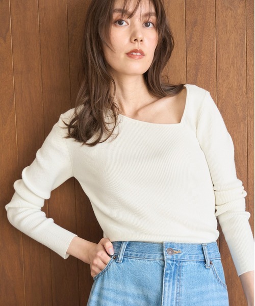 セール】アシメネックリブニットトップス【手洗い可能】(ニット セール】アシメネックリブニットトップス【手洗い可能】(ニット