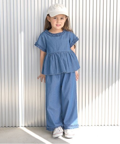 Lycee mine（リセマイン）の「【セットアップ】フリルブラウス&フリルワイドパンツ（セットアップ・キッズ・ブラック/サックスブルー/ライトグレー/カラフル/ブルー/ミント・120cm/140cm/130cm/150cm/110cm/100cm）」の5枚目の写真