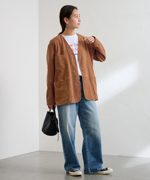 FRAMeWORK（フレームワーク）の「THRIFTY LOOK leather カバーオール（ライダースジャケット・レディース・キャメル・FREE）」の2枚目の写真