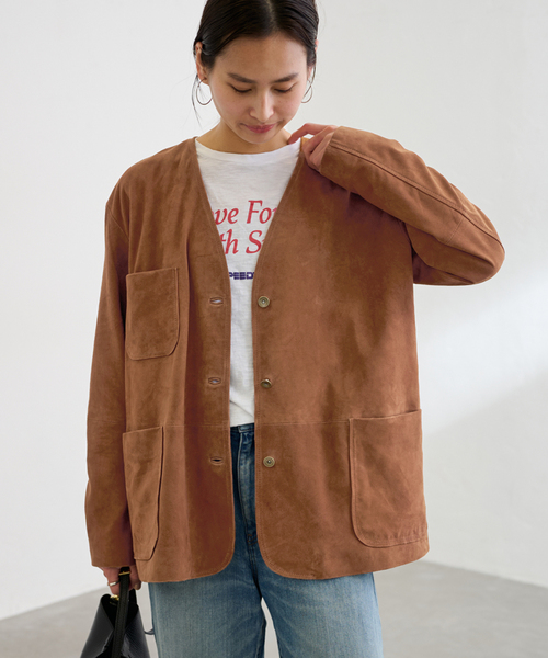 FRAMeWORK（フレームワーク）の「THRIFTY LOOK leather カバーオール（ライダースジャケット・レディース・キャメル・FREE）」の5枚目の写真