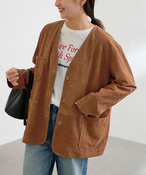 FRAMeWORK（フレームワーク）の「THRIFTY LOOK leather カバーオール（ライダースジャケット・レディース・キャメル・FREE）」の6枚目の写真