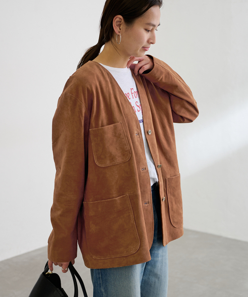 FRAMeWORK（フレームワーク）の「THRIFTY LOOK leather カバーオール（ライダースジャケット・レディース・キャメル・FREE）」の8枚目の写真