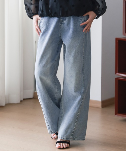 レディース ビッグシルエットハイウエストワイドデニムパンツ+