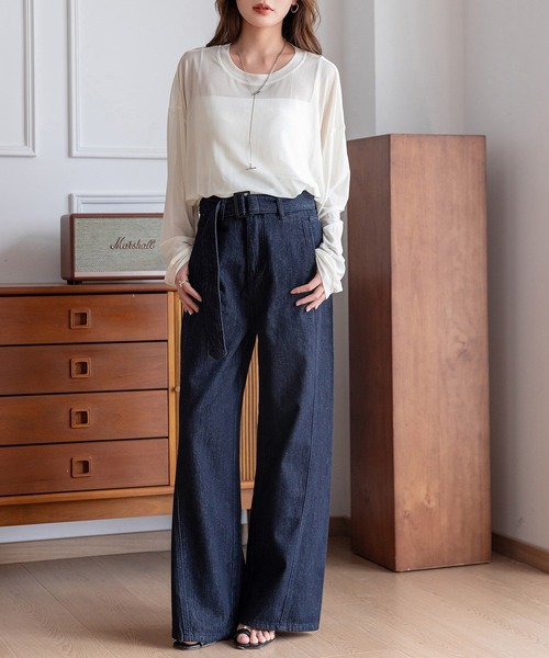 DAY CLOSET(デイ クローゼット)の「レディース ビッグシルエットハイウエストワイドデニムパンツ+ベルト 2点セット(デニムパンツ・レディース・ブラック/ダークネイビー/ライトブルー・M/L/S/XL)」の15枚目の写真