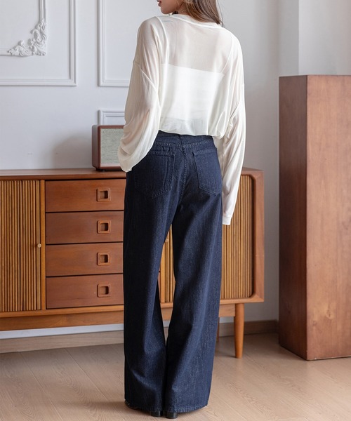 レディース ビッグシルエットハイウエストワイドデニムパンツ+