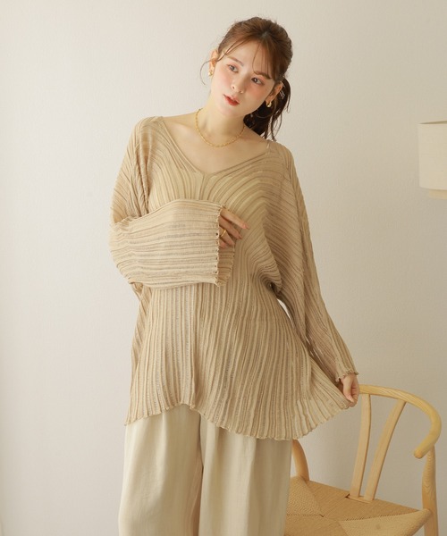 ニット セーター sheer lib over size v neck knit /シアー リブ オーバーサイズ Vネック ニット レディース sheer lib over size v neck knit /シアー リブ オーバーサイズ