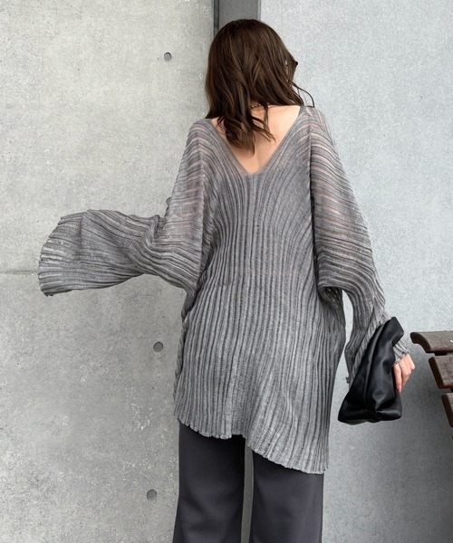 sheer lib over size v neck knit /シアー リブ オーバーサイズ V