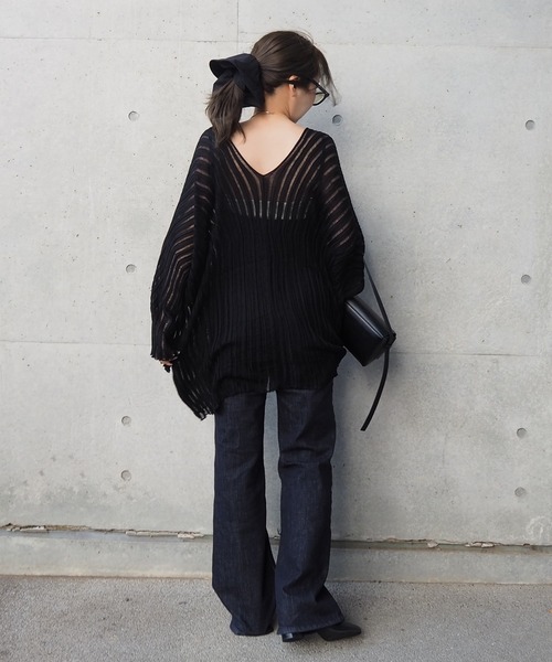 ニット セーター sheer lib over size v neck knit /シアー リブ オーバーサイズ Vネック ニット レディース sheer lib over size v neck knit /シアー リブ オーバーサイズ
