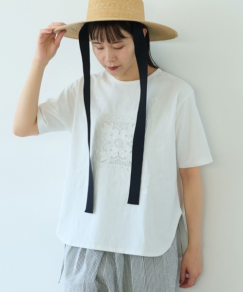 【日本入手困難】Cotton tulle T-shirt Tシャツ・カットソー △コットンレース刺繍Tシャツ（Tシャツ/カットソー）｜yuni