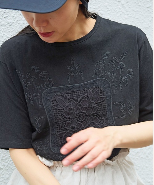 tシャツ コットンレース刺繍Tシャツ レディース △コットンレース刺繍Tシャツ（Tシャツ/カットソー）｜yuni