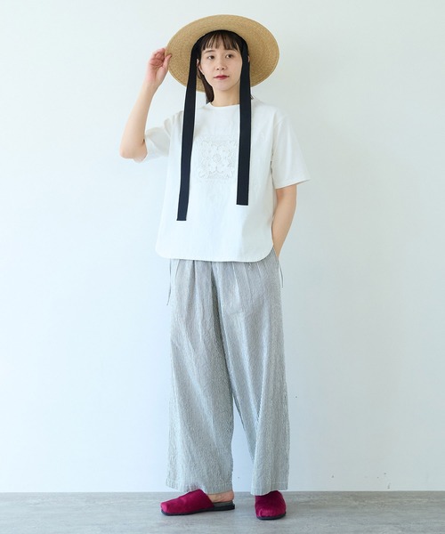 △コットンレース刺繍Tシャツ（Tシャツ/カットソー）｜yuni