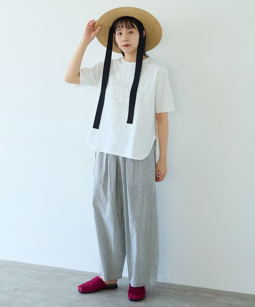 △コットンレース刺繍Tシャツ（Tシャツ/カットソー）｜yuni