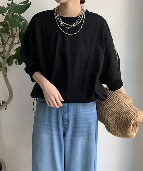 DouDou(ドゥドゥ)の「【WEB限定】MA1ポケット切替プルオーバー(Tシャツ/カットソー・レディース・ブラック/カーキ/オフホワイト・FREE)」の18枚目の写真