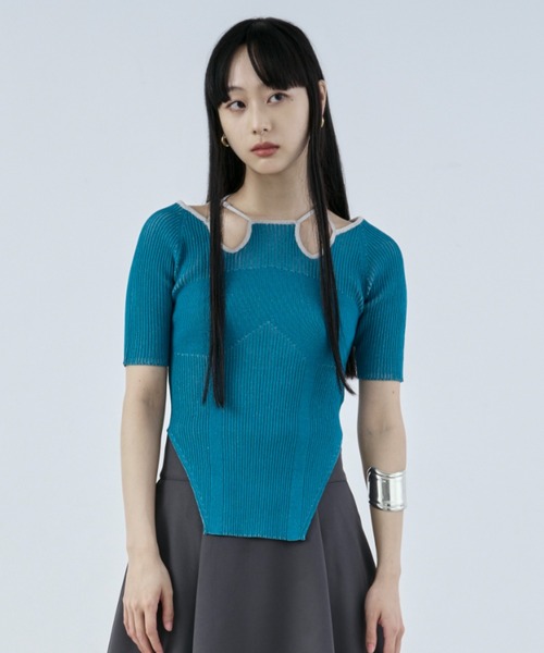 2way design code neck イレリブ配色トップス（ニット/セーター