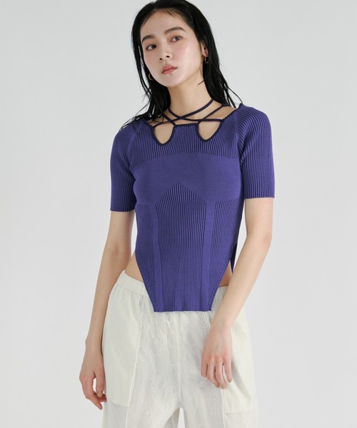 Ezick（エジック）の「2way design code neck　イレリブ配色トップス（ニット/セーター・レディース・パープル/ネイビー/ブラック/サックスブルー/ブラウン/ボルドー/ライトブルー・FREE）」の21枚目の写真