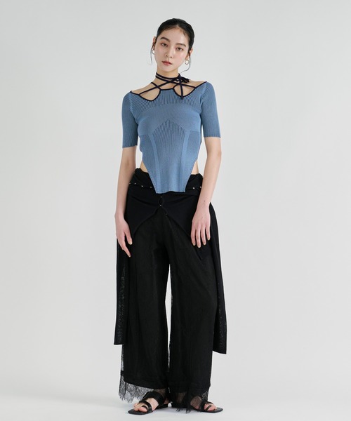 Ezick（エジック）の「2way design code neck　イレリブ配色トップス（ニット/セーター・レディース・パープル/ネイビー/ブラック/サックスブルー/ブラウン/ボルドー/ライトブルー・FREE）」の11枚目の写真
