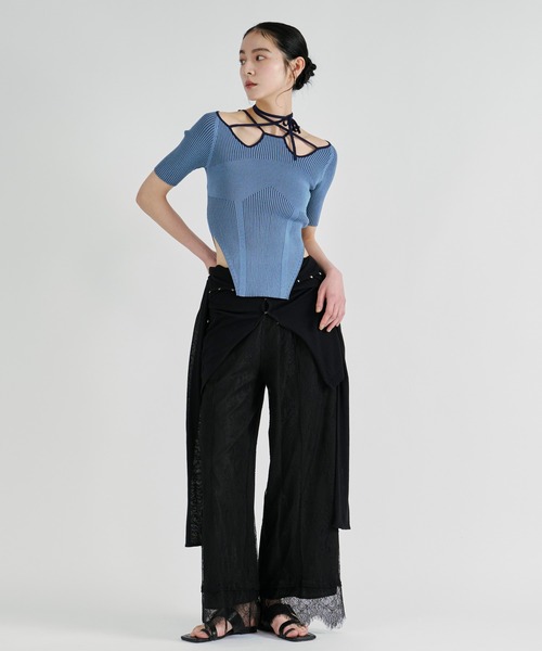 イレギュラーネックTOP 2way design code neck イレリブ配色トップス（ニット/セーター